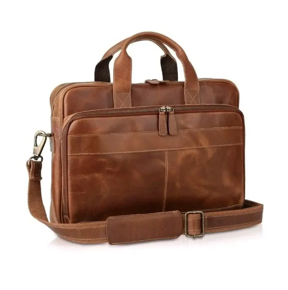 KomalC Vintage 18” Buffalo Leather Laptop Briefcase Office Bag Brown Brand New